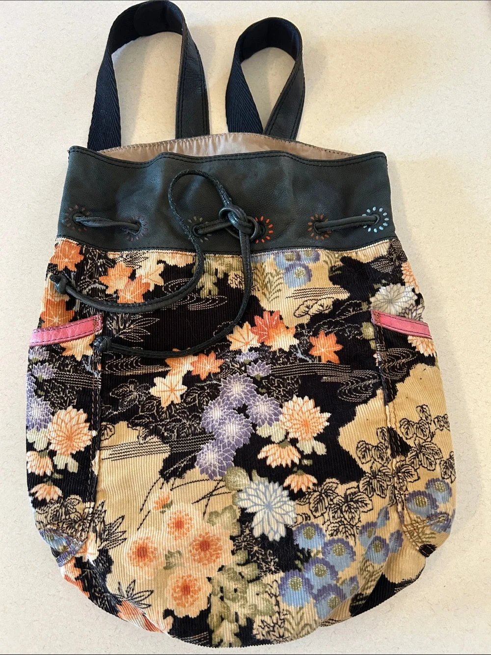 Lucky Brand Floral Leather Drawstring Backpack Sling Bag Shoulder Bag Crossbody